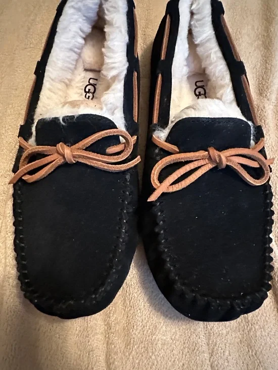 UGG Black Suede Moccasins with Tan Trim - Picture 2 of 8